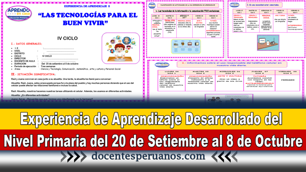 Experiencia de Aprendizaje Desarrollado del Nivel Primaria del 20 de Setiembre al 8 de Octubre