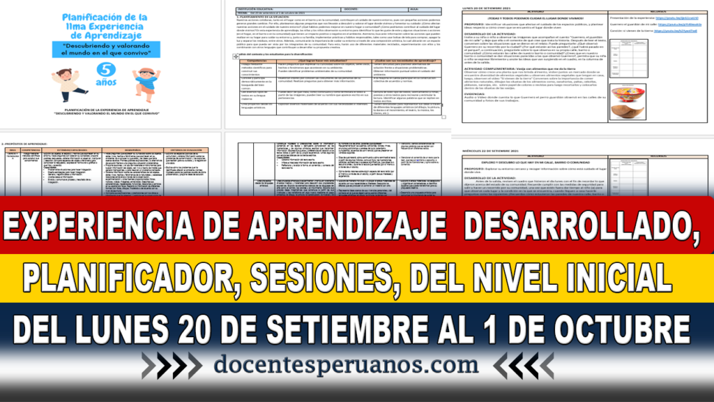 EXPERIENCIA DE APRENDIZAJE DESARROLLADO,PLANIFICADOR, SESIONES, DEL NIVEL INICIAL DEL LUNES 20 DE SETIEMBRE AL 1 DE OCTUBRE