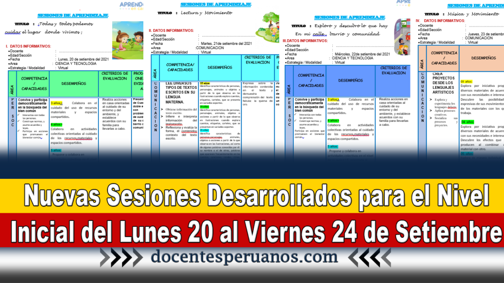 Nuevas Sesiones Desarrollados para el Nivel Inicial del Lunes 20 al Viernes 24 de Setiembre