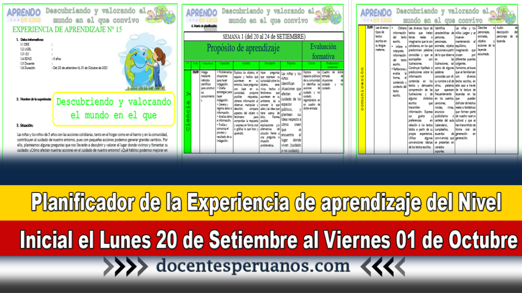 Planificador de la Experiencia de aprendizaje del Nivel Inicial el Lunes 20 de Setiembre al Viernes 01 de Octubre