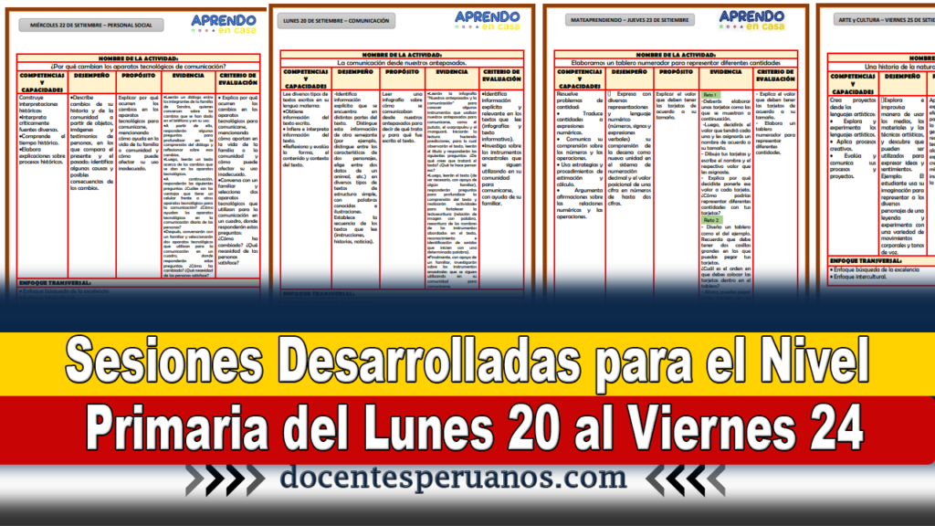 Sesiones Desarrolladas para el Nivel Primaria del Lunes 20 al Viernes 24