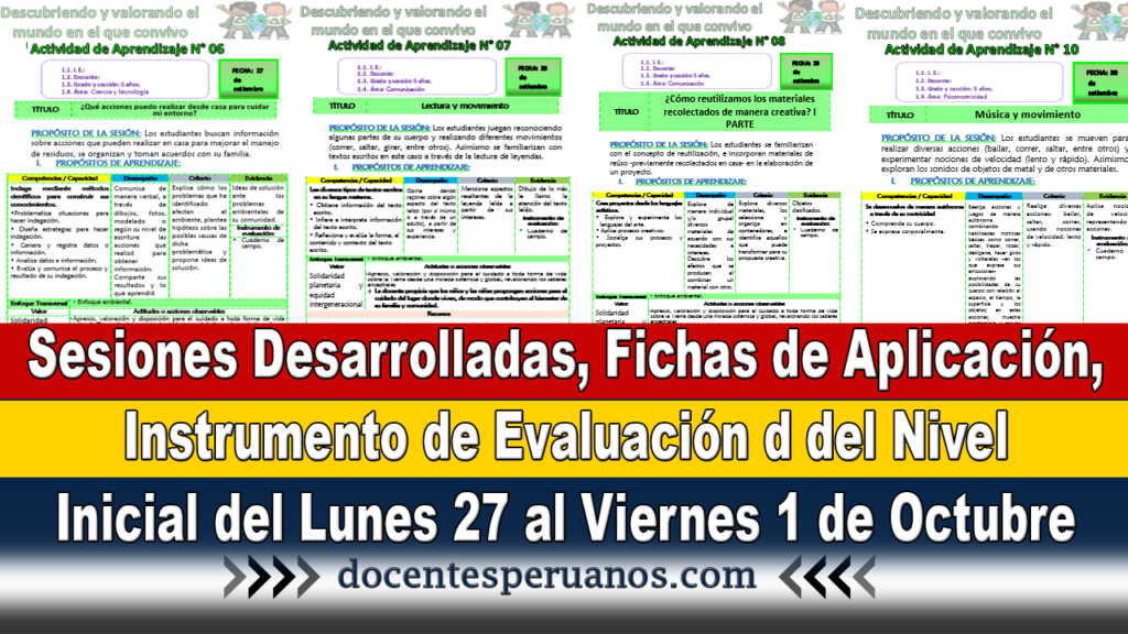 Sesiones Desarrolladas, Fichas de Aplicación, Instrumento de Evaluación d del Nivel Inicial del Lunes 27 al Viernes 1 de Octubre