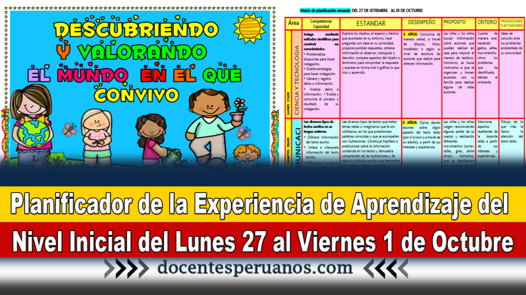 Planificador de la Experiencia de Aprendizaje del Nivel Inicial del Lunes 27 al Viernes 1 de Octubre