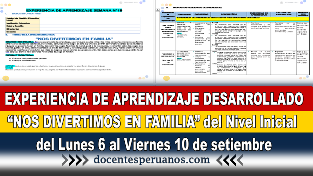 EXPERIENCIA DE APRENDIZAJE “NOS DIVERTIMOS EN FAMILIA” del Nivel Inicial del Lunes 6 al Viernes 10 de setiembre