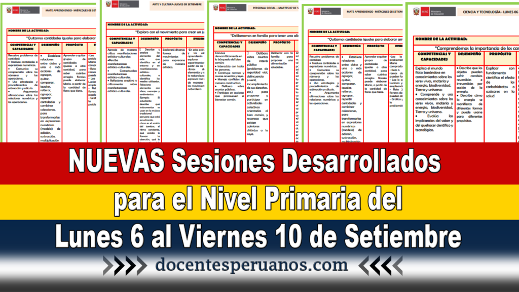 NUEVAS Sesiones Desarrollados para el Nivel Primaria del Lunes 6 al Viernes 10 de Setiembre