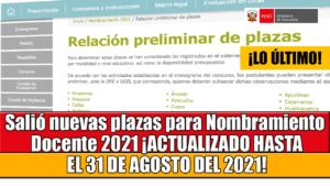 ¡Atención Docente! Publican nuevas plazas para Nombramiento docente 2021, actualizado hasta el 31 de Agosto