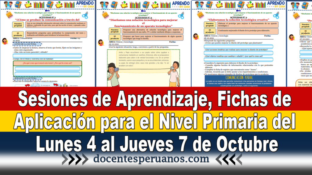 Sesiones de Aprendizaje, Fichas de Aplicación para el Nivel Primaria del Lunes 4 al Jueves 7 de Octubre