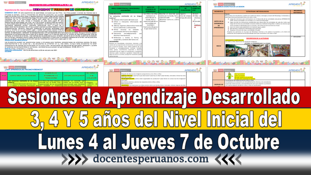 Sesiones de Aprendizaje Desarrollado 3,4 Y 5años del Nivel Inicial del Lunes 4 al Jueves 7 de Octubre