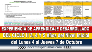 EXPERIENCIA DE APRENDIZAJE DESARROLLADO DEL CICLO II 3,4 Y 5 Años del Nivel Inicial del Lunes 4 al Jueves 7 de Octubre