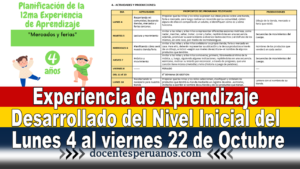 Experiencia de Aprendizaje Desarrollado del Nivel Inicial del Lunes 4 al viernes 22 de Octubre