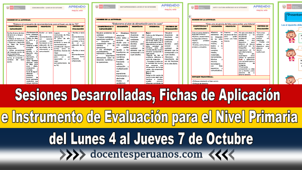 Sesiones Desarrolladas, Fichas de Aplicación e Instrumento de Evaluación para el Nivel Primaria del Lunes 4 al Jueves 7 de Octubre