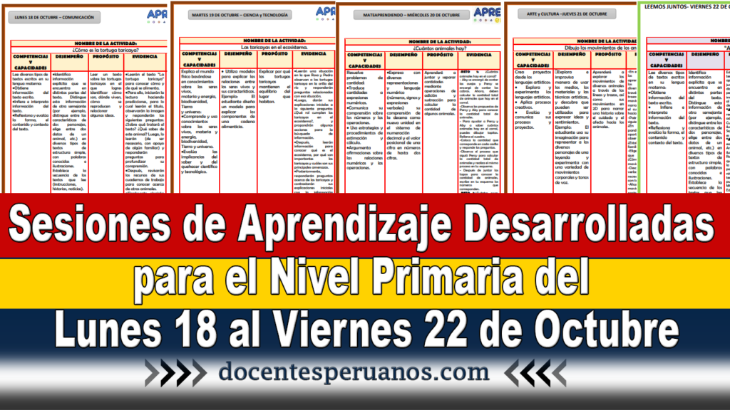 Sesiones de Aprendizaje Desarrolladas para el Nivel Primaria del Lunes 18 al Viernes 22 de Octubre