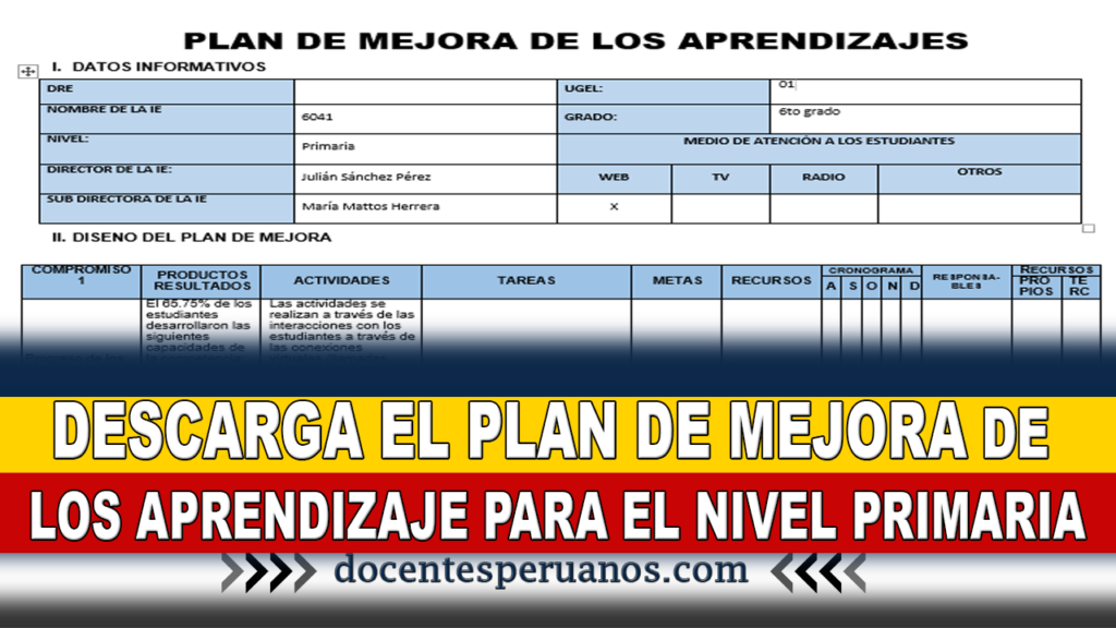 PLAN DE MEJORA DE LOS APRENDIZAJE PARA EL NIVEL PRIMARIA