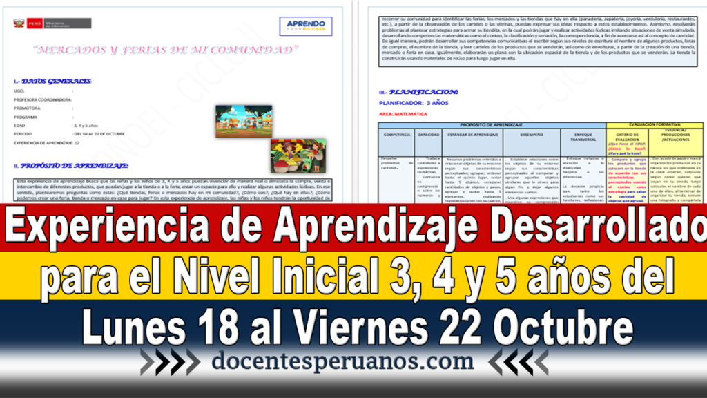 Experiencia de Aprendizaje Desarrollado para el Nivel Inicial 3, 4 y 5 años del Lunes 18 al Viernes 22 Octubre