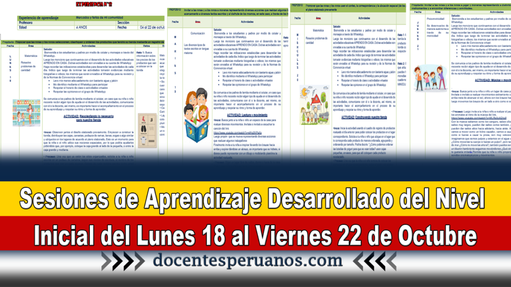 Sesiones de Aprendizaje Desarrollado del Nivel Inicial del Lunes 18 al Viernes 22 de Octubre