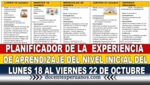 PLANIFICADOR DE LA EXPERIENCIA DE APRENDIZAJE DEL NIVEL INICIAL DEL LUNES 18 AL VIERNES 22 DE OCTUBRE