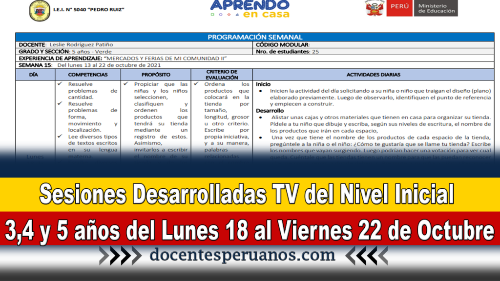 Sesiones Desarrolladas TV del Nivel Inicial 3,4 y 5 años del Lunes 18 al Viernes 22 de Octubre