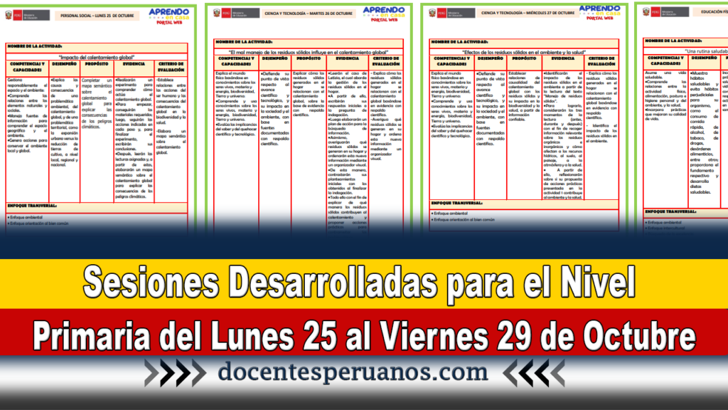 Sesiones Desarrolladas para el Nivel Primaria del Lunes25 al Viernes 29 de Octubre