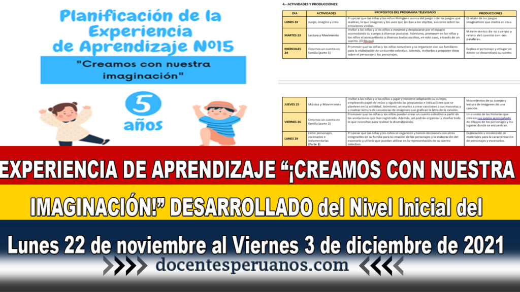 EXPERIENCIA DE APRENDIZAJE “¡CREAMOS CON NUESTRA IMAGINACIÓN!” DESARROLLADO del Nivel Inicial del Lunes 22 de noviembre al Viernes 3 de diciembre de 2021