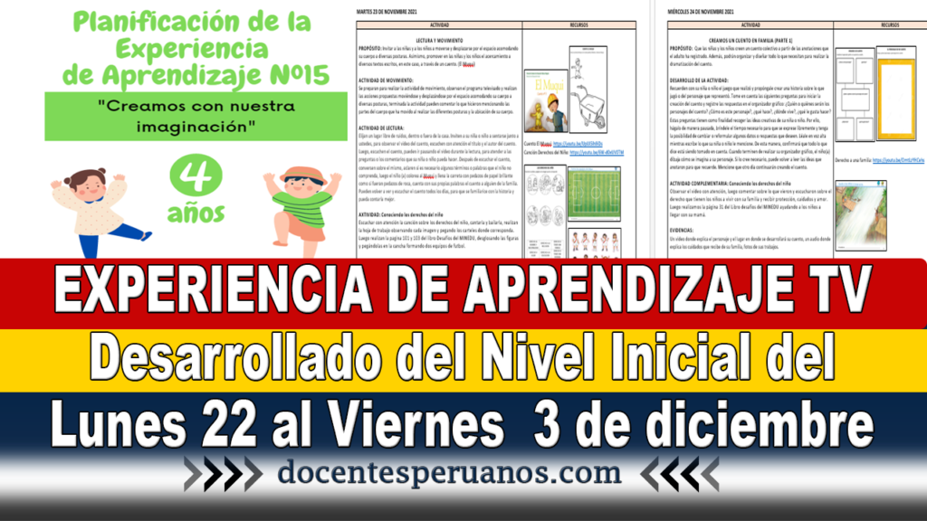 EXPERIENCIA DE APRENDIZAJE TV Desarrollado del Nivel Inicial del Lunes 22 al Viernes 3 de diciembre