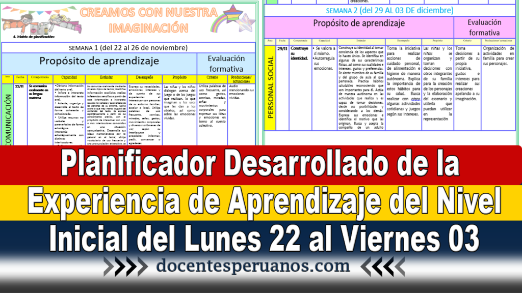 Planificador Desarrollado de la Experiencia de Aprendizaje del Nivel Inicial del Lunes 22 al Viernes 03