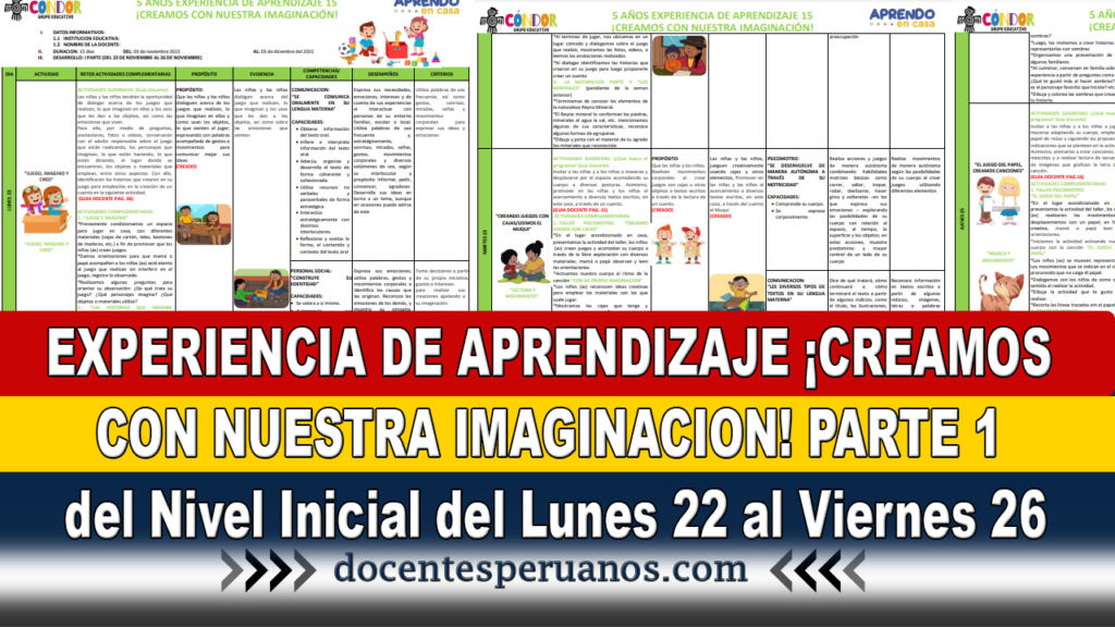 EXPERIENCIA DE APRENDIZAJE ¡CREAMOS CON NUESTRA IMAGINACION! PARTE 1 del Nivel Inicial del Lunes 22 al Viernes 26