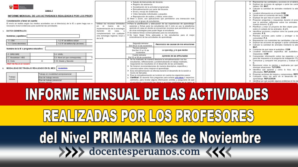 INFORME MENSUAL DE LAS ACTIVIDADES REALIZADAS POR LOS PROFESORES del Nivel PRIMARIA Mes de Noviembre