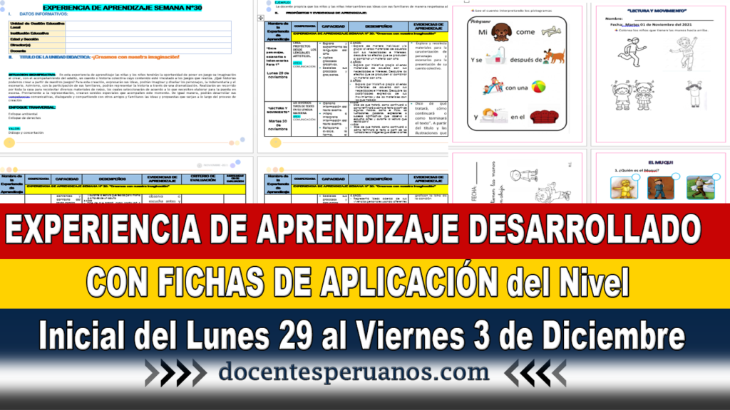 EXPERIENCIA DE APRENDIZAJE DESARROLLADO CON FICHAS DE APLICACIÓN del Nivel Inicial del Lunes 29 al Viernes 3 de Diciembre