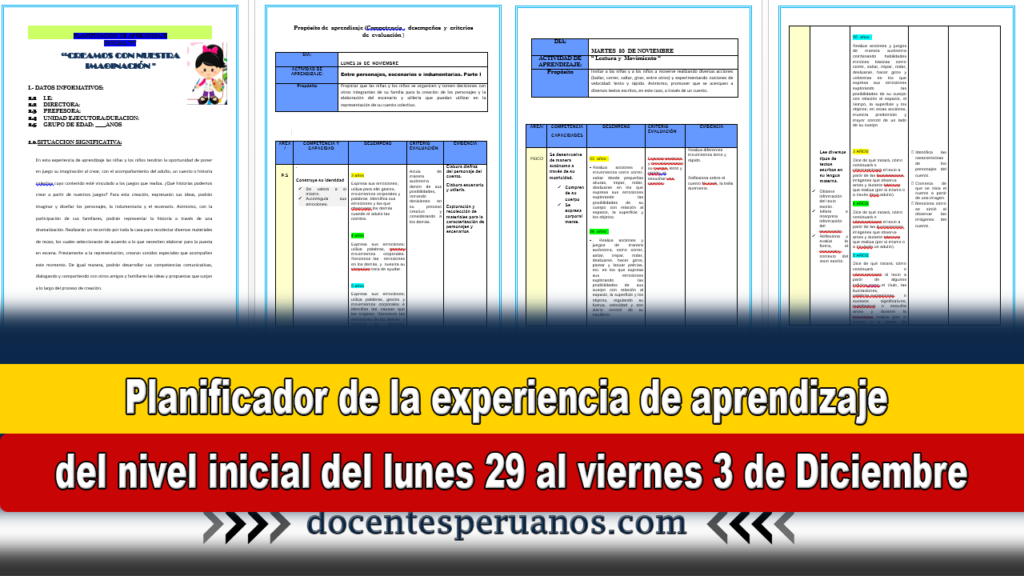 Planificador de la experiencia de aprendizaje del nivel inicial del lunes 29 al viernes 3 de Diciembre