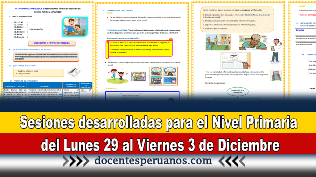 Sesiones desarrolladas para el Nivel Primaria del Lunes 29 al Viernes 3 de Diciembre