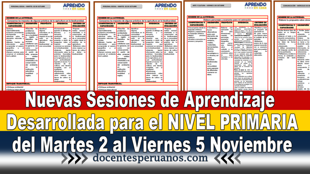 Nuevas Sesiones de Aprendizaje Desarrollada para el NIVEL PRIMARIA del Martes 2 al Viernes 5 Noviembre