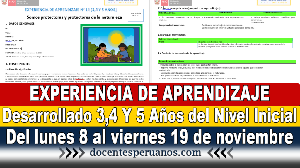 EXPERIENCIA DE APRENDIZAJE Desarrollado 3,4 Y 5 Años del Nivel Inicial Del lunes 8 al viernes 19 de noviembre