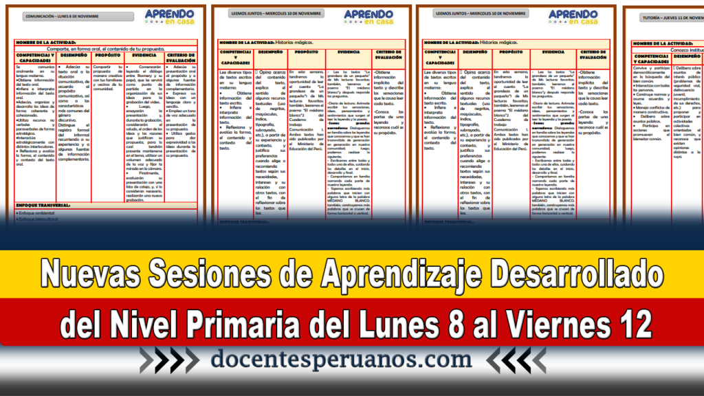 Nuevas Sesiones de Aprendizaje Desarrollado del Nivel Primaria del Lunes 8 al Viernes 12 de Noviembre