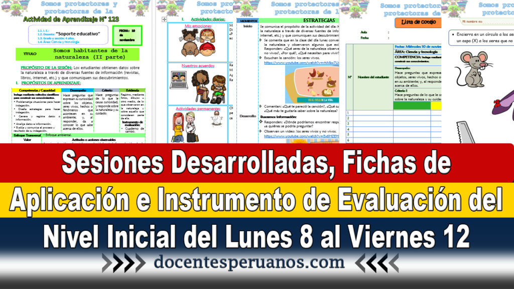 Sesiones Desarrolladas, Fichas de Aplicación e Instrumento de Evaluación del Nivel Inicial del Lunes 8 al Viernes 12