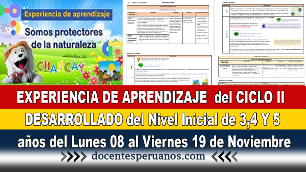 EXPERIENCIA DE APRENDIZAJE del CICLO II DESARROLLADO del Nivel Inicial de 3,4 Y 5 años del Lunes 08 al Viernes 19 de Noviembre