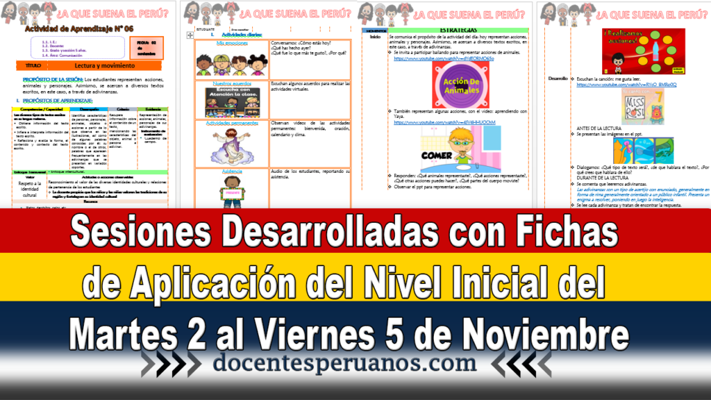 Sesiones Desarrolladas con Fichas de aplicación del Nivel inicial del Martes 2 al Viernes 5 de Noviembre