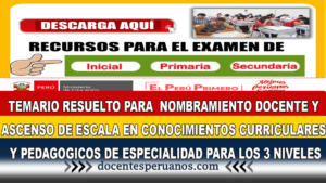 NOMBRAMIENTO DOCENTES Y ASCENSO DE ESCALA EN CONOCIMIENTOS CURRICULARES Y PEDAGOGICOS DE ESPECIALIDAD PARA LOS 3 NIVELES