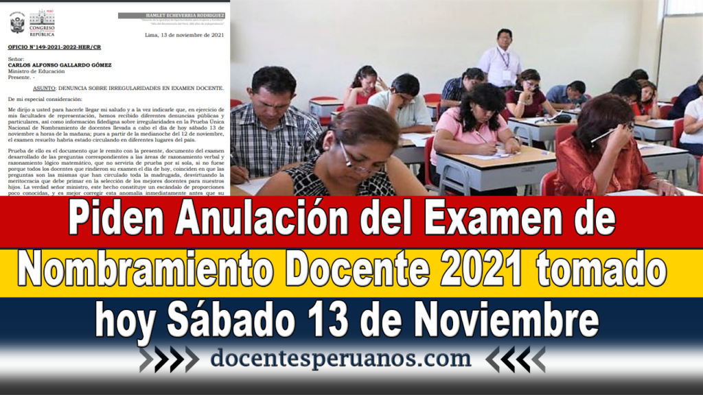 Piden Anulación del Examen de Nombramiento Docente 2021 tomado hoy Sábado 13 de Noviembre