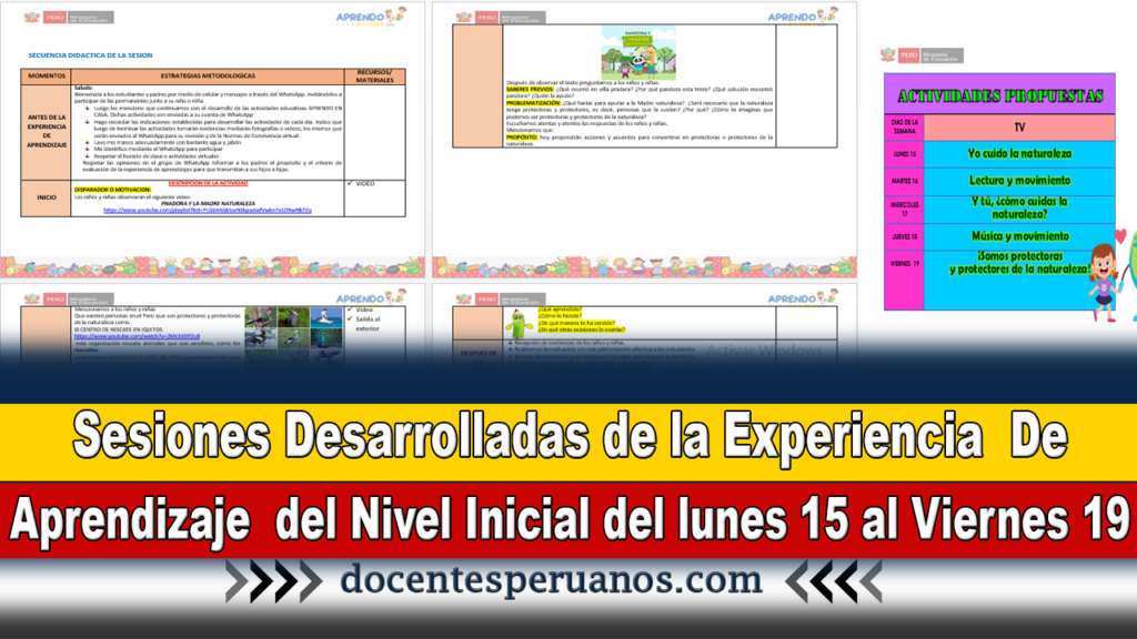 Sesiones Desarrolladas de la Experiencia De Aprendizaje del Nivel Inicial del lunes 15 al Viernes 19