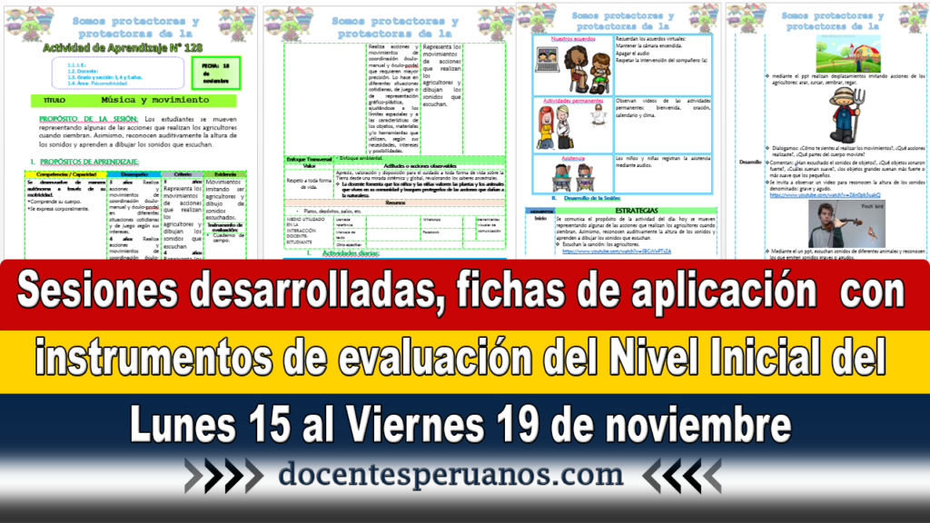 Sesiones desarrolladas, fichas de aplicación con instrumentos de evaluación del Nivel Inicial del Lunes 15 al Viernes 19 de noviembre