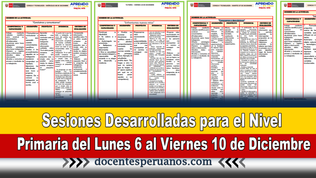 Sesiones Desarrolladas para el Nivel Primaria del Lunes 6 al Viernes 10 de Diciembre