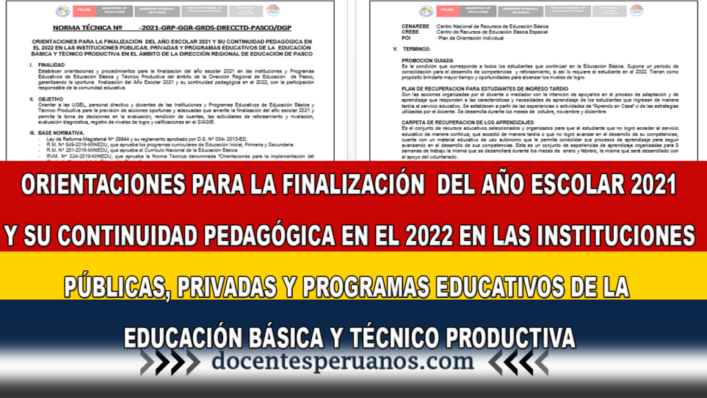 ORIENTACIONES PARA LA FINALIZACIÓN DEL AÑO ESCOLAR 2021 Y SU CONTINUIDAD PEDAGÓGICA EN EL 2022 EN LAS INSTITUCIONES PÚBLICAS, PRIVADAS Y PROGRAMAS EDUCATIVOS DE LA EDUCACIÓN BÁSICA Y TÉCNICO PRODUCTIVA