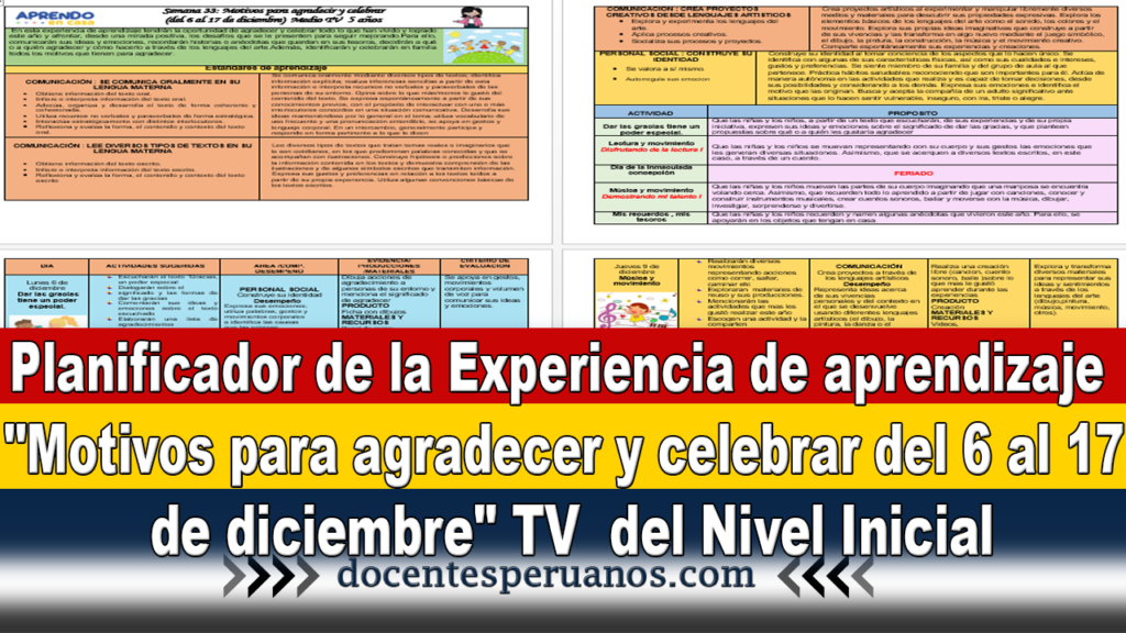 Planificador de la Experiencia de aprendizaje "Motivos para agradecer y celebrar del 6 al 17 de diciembre" TV  del Nivel Inicial