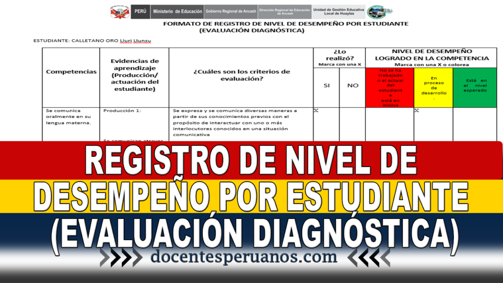 REGISTRO DE NIVEL DE DESEMPEÑO POR ESTUDIANTE (EVALUACIÓN DIAGNÓSTICA)