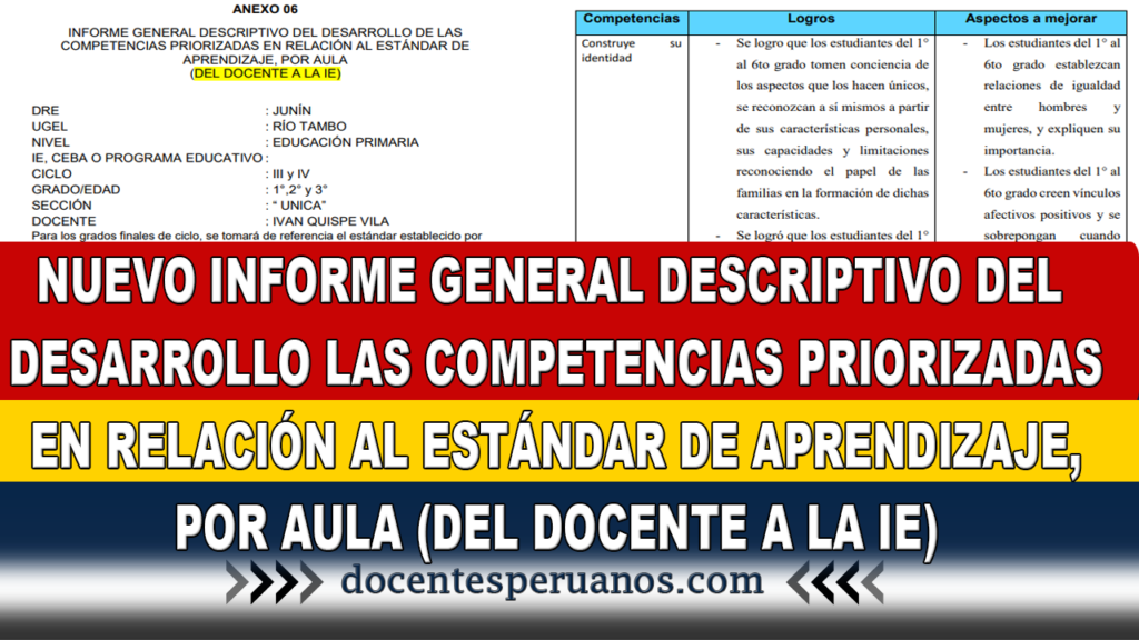 NUEVO INFORME GENERAL DESCRIPTIVO DEL DESARROLLO DE LAS COMPETENCIAS PRIORIZADAS EN RELACIÓN AL ESTÁNDAR DE APRENDIZAJE, POR AULA (DEL DOCENTE A LA IE)