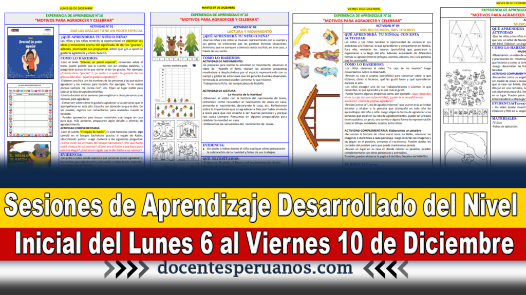 Sesiones de Aprendizaje Desarrollado del Nivel Inicial del Lunes 6 al Viernes 10 de Diciembre