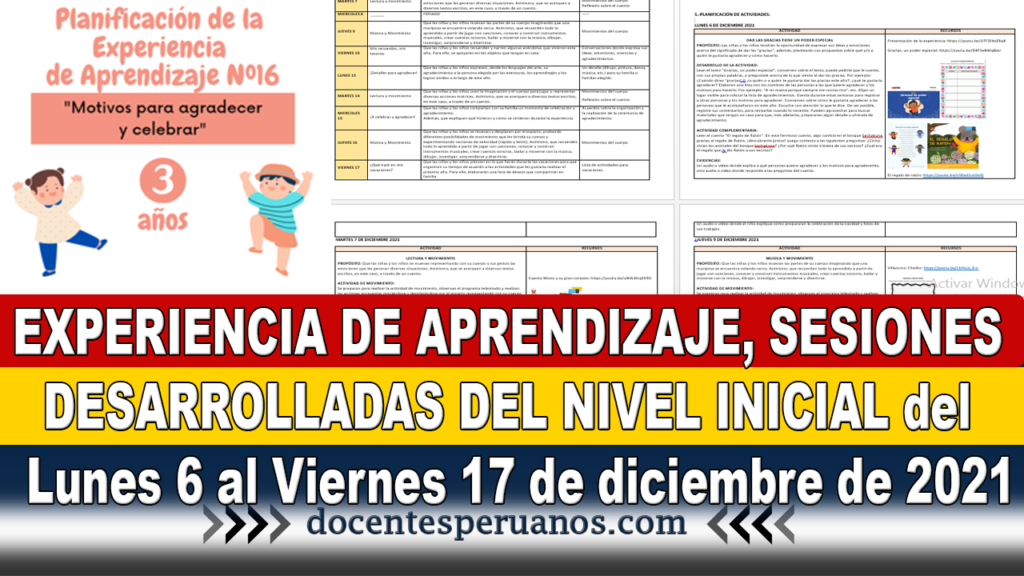 EXPERIENCIA DE APRENDIZAJE, SESIONES DESARROLLADAS DEL NIVEL INICIAL del Lunes 6 al Viernes 17 de diciembre de 2021