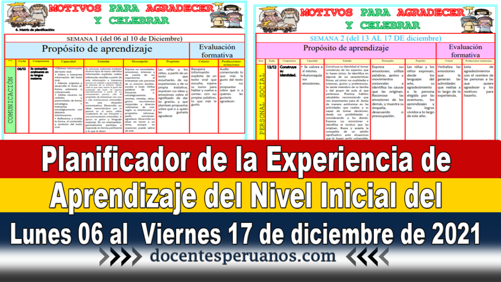 Planificador de la Experiencia de Aprendizaje del Nivel Inicial del Lunes 06 al Viernes 17 de diciembre de 2021