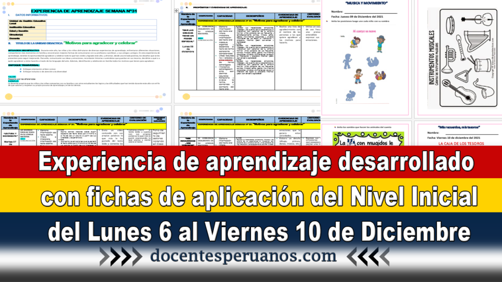 Experiencia de aprendizaje desarrollado con fichas de aplicación del Nivel Inicial del Lunes 6 al Viernes 10 de Diciembre