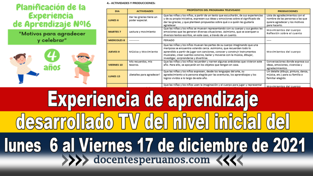 Experiencia de aprendizaje desarrollado TV del nivel inicial del lunes 6 al Viernes 17 de diciembre de 2021